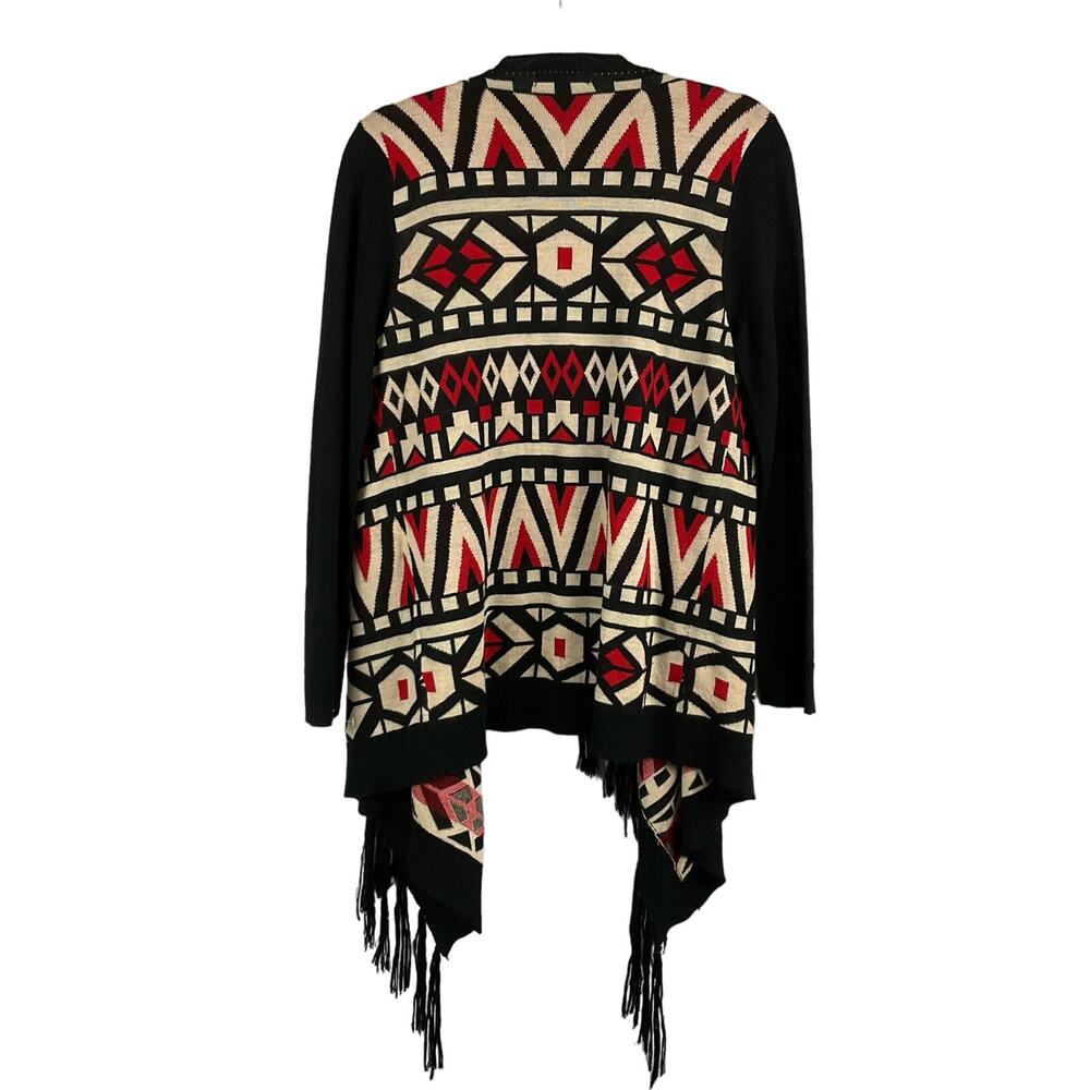 JEALOUS TOMATO Tribal Cardigan Sweater  Fringe Southwestern Aztec Black sz L Art - Picture 2 of 11